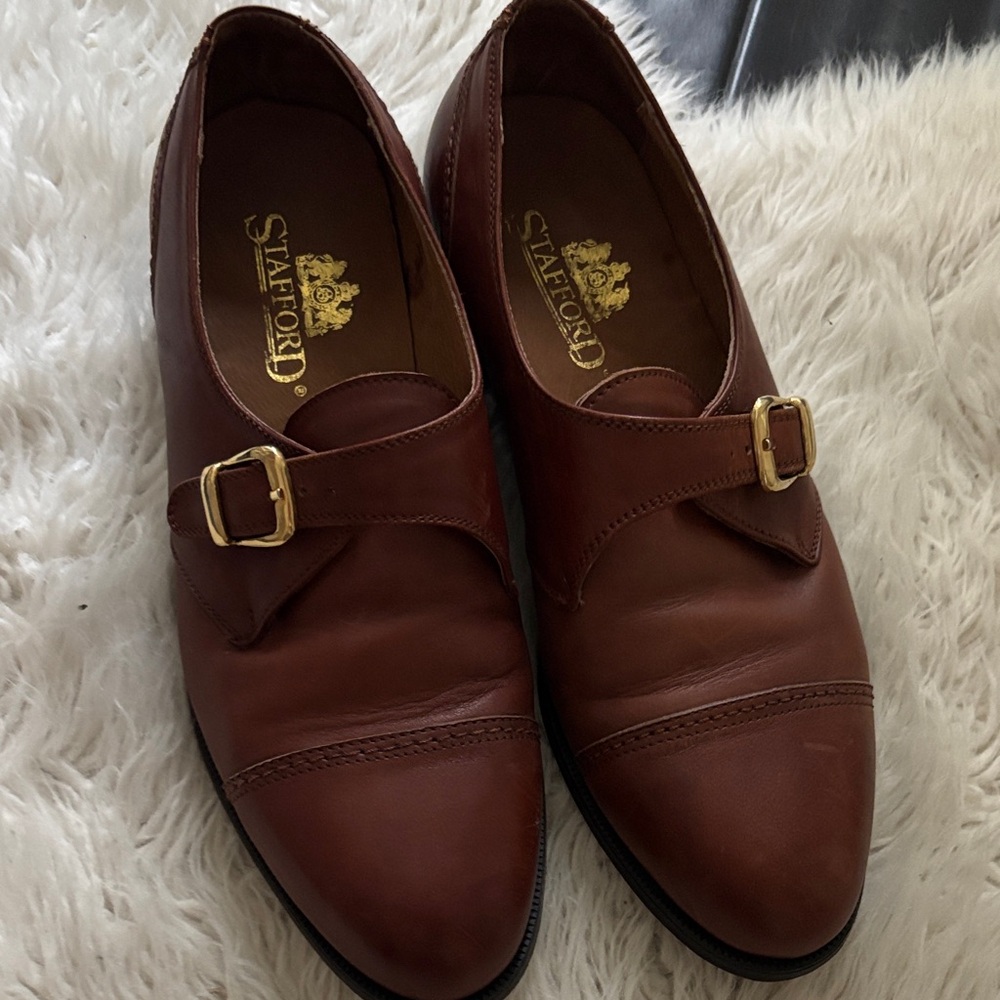 Stafford Men's Tan Leather Loafers with Gold Buckle